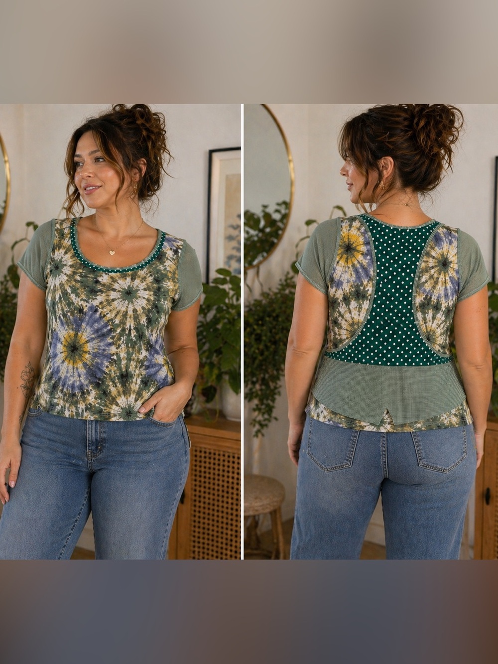 Anac design by Kimi VTG Y2K artsy polkadot mesh cap sleeve abstract tiedye tee L